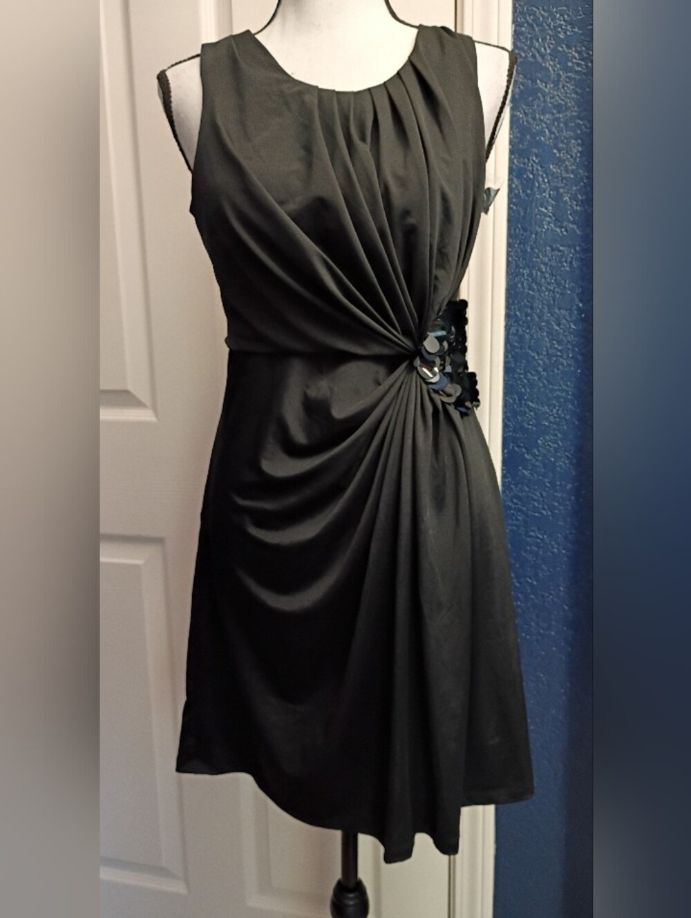 Love Black Sleeveless Gathered-Front Mini Dress with Side Embellishment